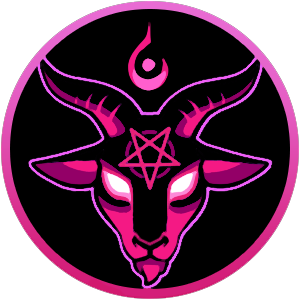 Black and pink logo of a goat's head with a pentagram on its forehead and a flame above its head