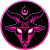Black and pink logo of a goat's head with a pentagram on its forehead and a flame above its head