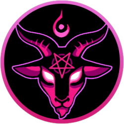 Black and pink logo of a goat's head with a pentagram on its forehead and a flame above its head