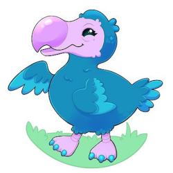 A blue and purple dodo bird standing on grass